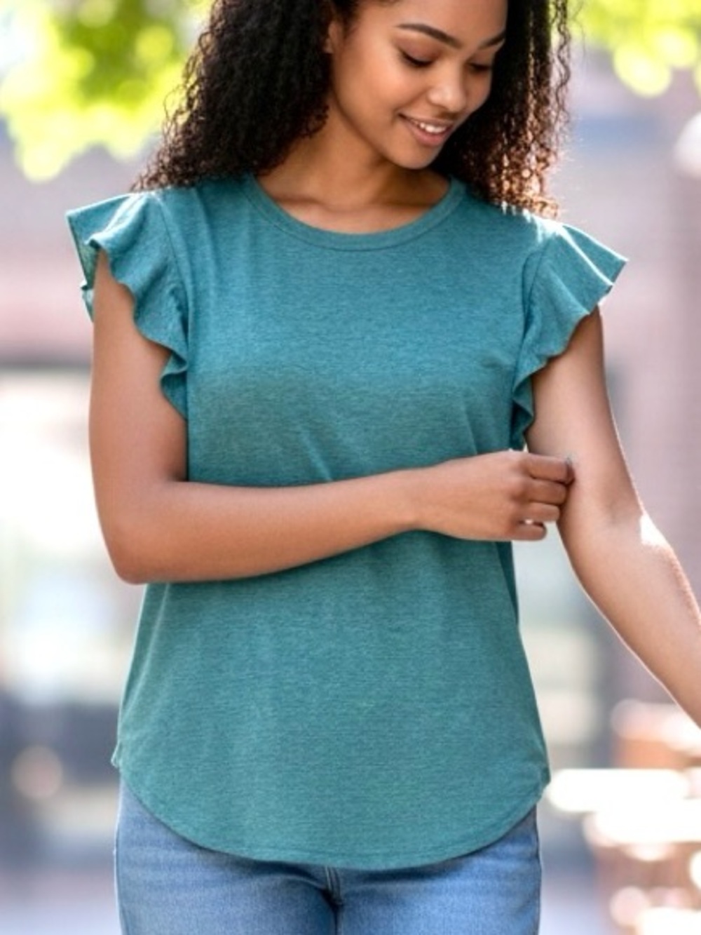 Ruffle Sleeve Crewneck Top in Teal - By Mirol - Like New - Size L